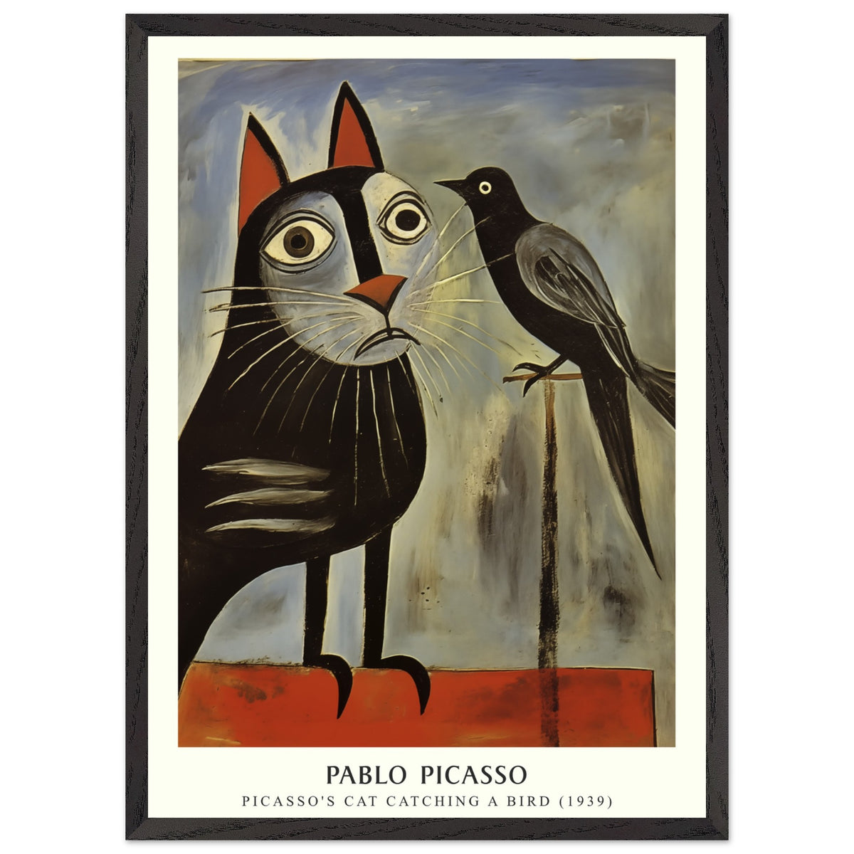 Artfulprints Poster met Lijst Pablo Picasso - Picasso's cat catching a bird  - 50x70 cm - Grijs