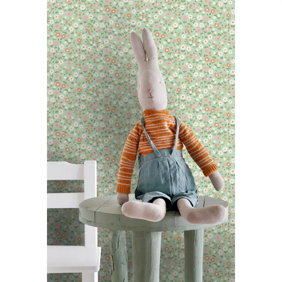 ESTAhome behang bloemetjes groen, terracotta roze en wit - 50 x 900 cm