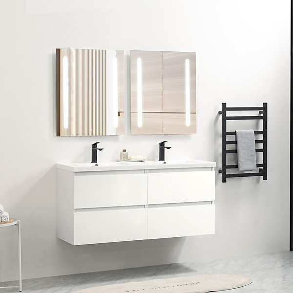 Pack Meuble prémonté 120 blanc-Vasque résine-Robinets noir - bain-bain