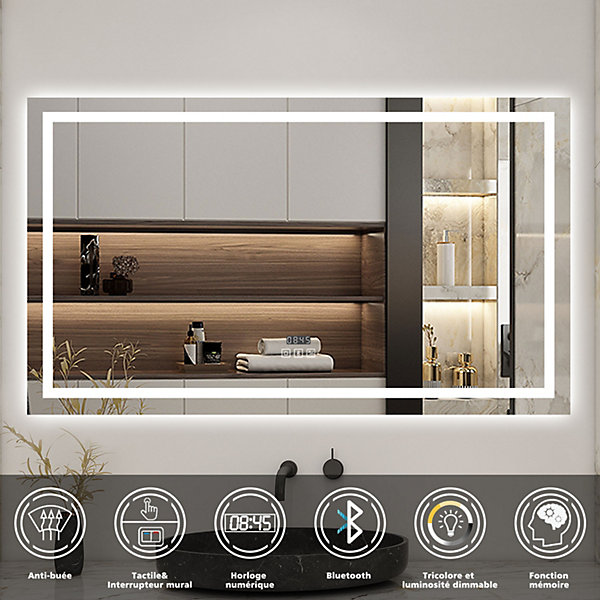 Miroir de salle de bain LED 100x60cm tricolore anti-buée   bluetooth   horloge   mémoire   dimmable, AICA SANITAIRE