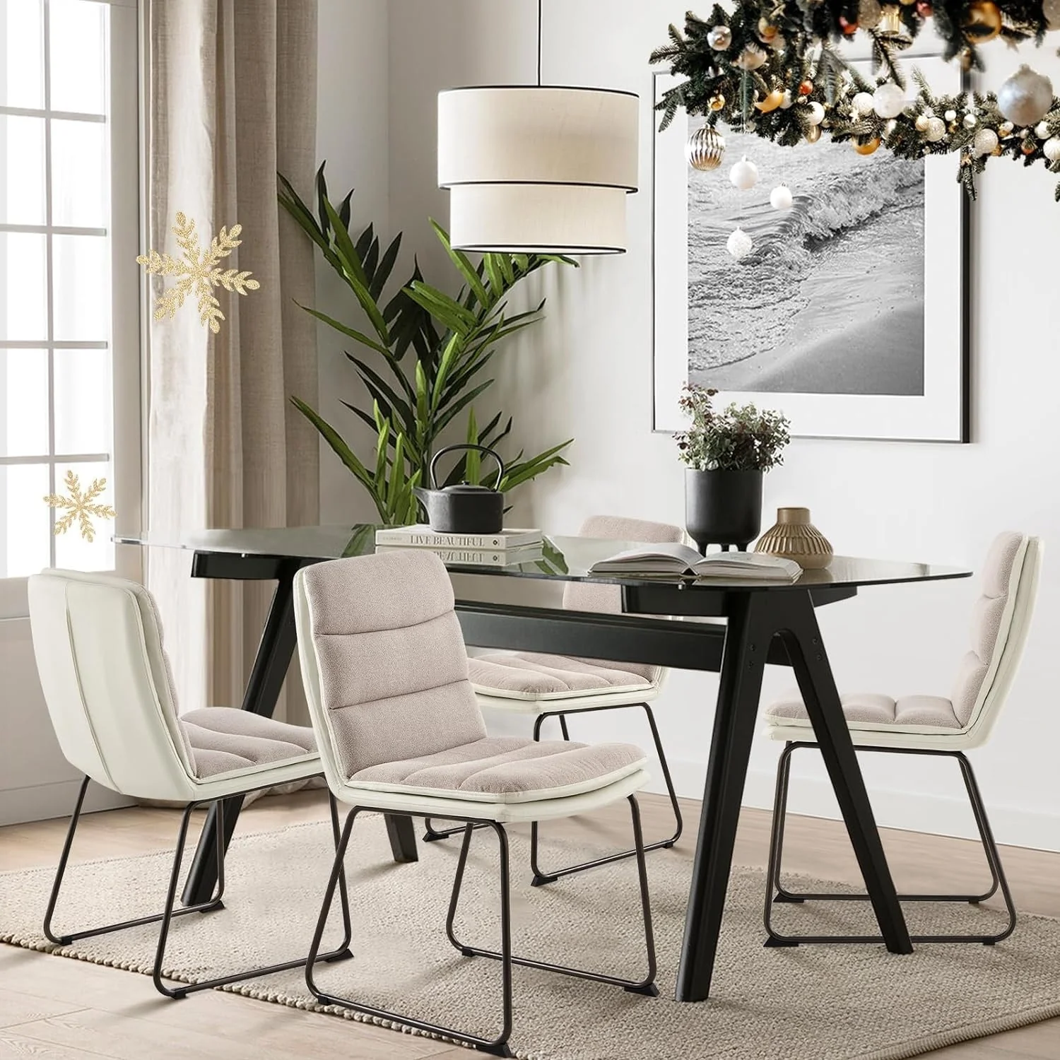 Upholstered Modern Waffle Fabric Dining Room Chairs, Faux Leather Chairs with High Back Side with Metal Legs