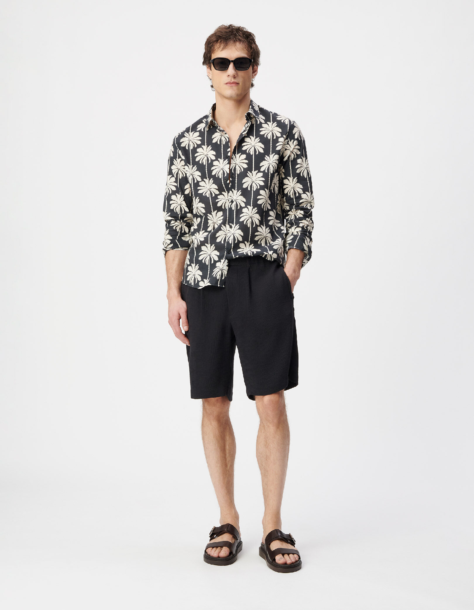 Chemise slim noire coton bio imprimé palmiers Homme