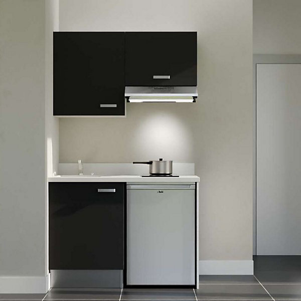 Kitchenette K01 - 120 cm - façades Noir - Plan monobloc en quartz coloris Snova évier à gauche - Electroménager Inox