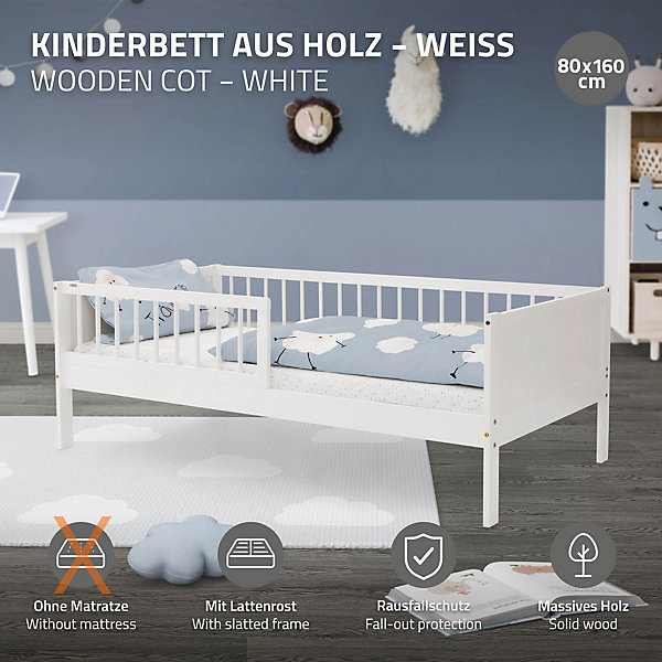 Lit d'enfant ML-Design 80x160 cm simple blanc en bois de pin avec sommier à lattes sans matelas