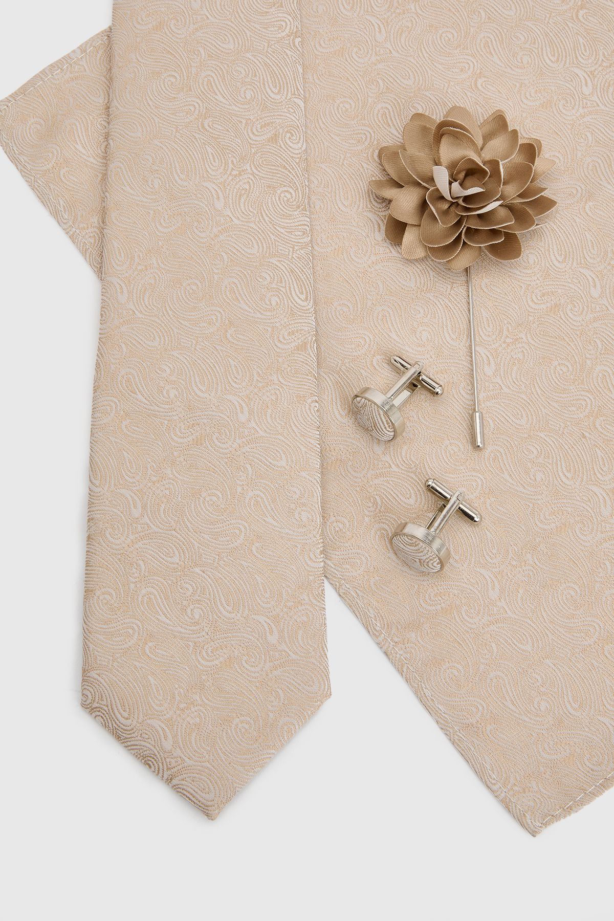 Burton Champagne Paisley Tie, Pocket Square with Lapel Pin and Cufflink Box Set