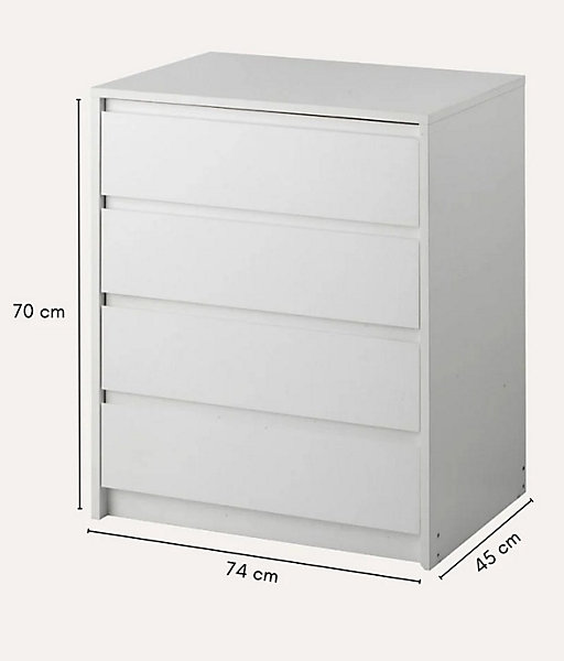 Commode, Meuble de rangement avec 4 tiroirs coloris blanc - Hauteur 74 x Longueur 70 x profondeur 45 cm