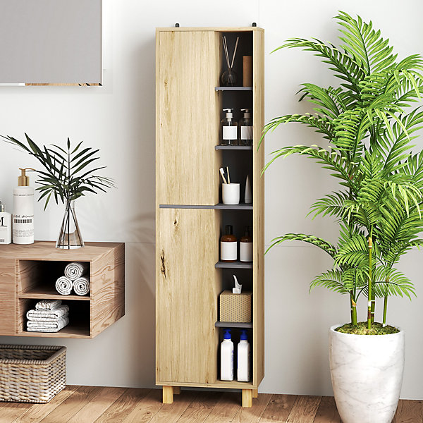 Colonne salle de bain design H.148 cm - 2 portes, 4 étagères, 6 niches - gris effet bois clair naturel