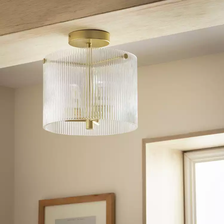 Habitat Ribbed Glass Flush Ceiling Light - Brass