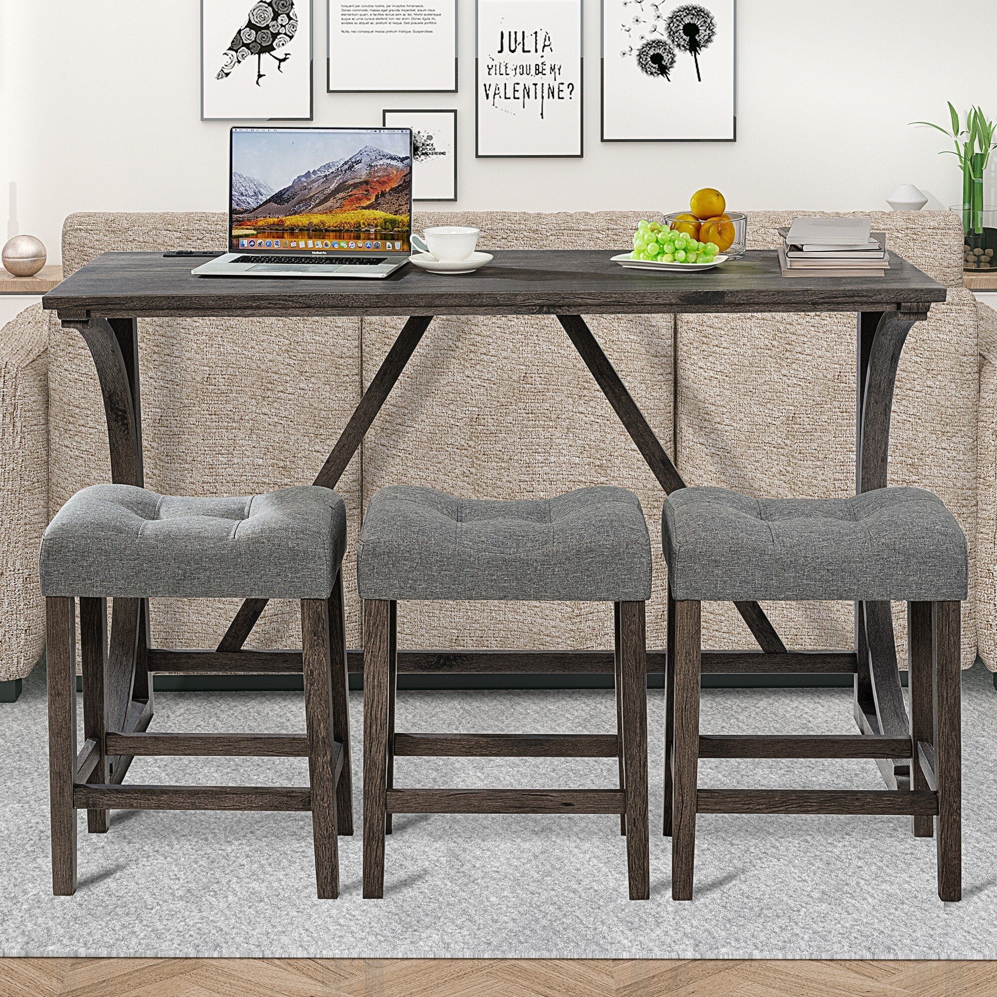 4 Piece Rubber Wood Dining Bar Table Set with 3 Padded Stools and Power Outlet