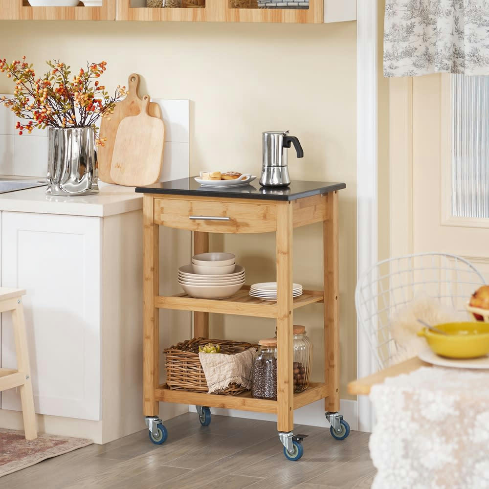 - Desserte en bambou à roulettes 1 tiroir 2 étagères