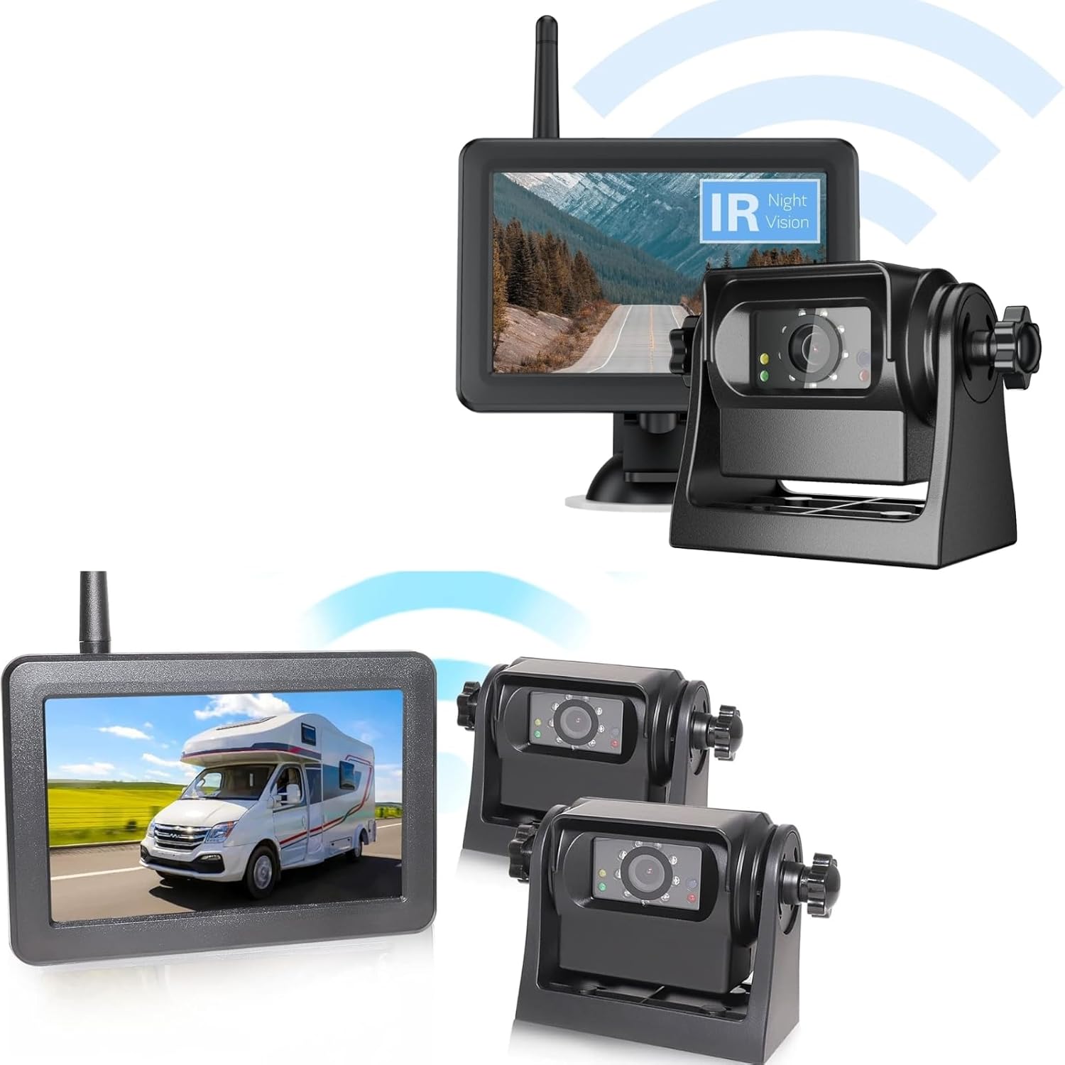 3x Wireless WiFi Magnetic Backup Cameras 1080P HD 5 Dual Monitor Battery Powered No Wiring Rear View Reverse Monitoring Camera Portable Kit for Car Truck Pickup RV Camper 5th Wheel Boat Horse Trailer
