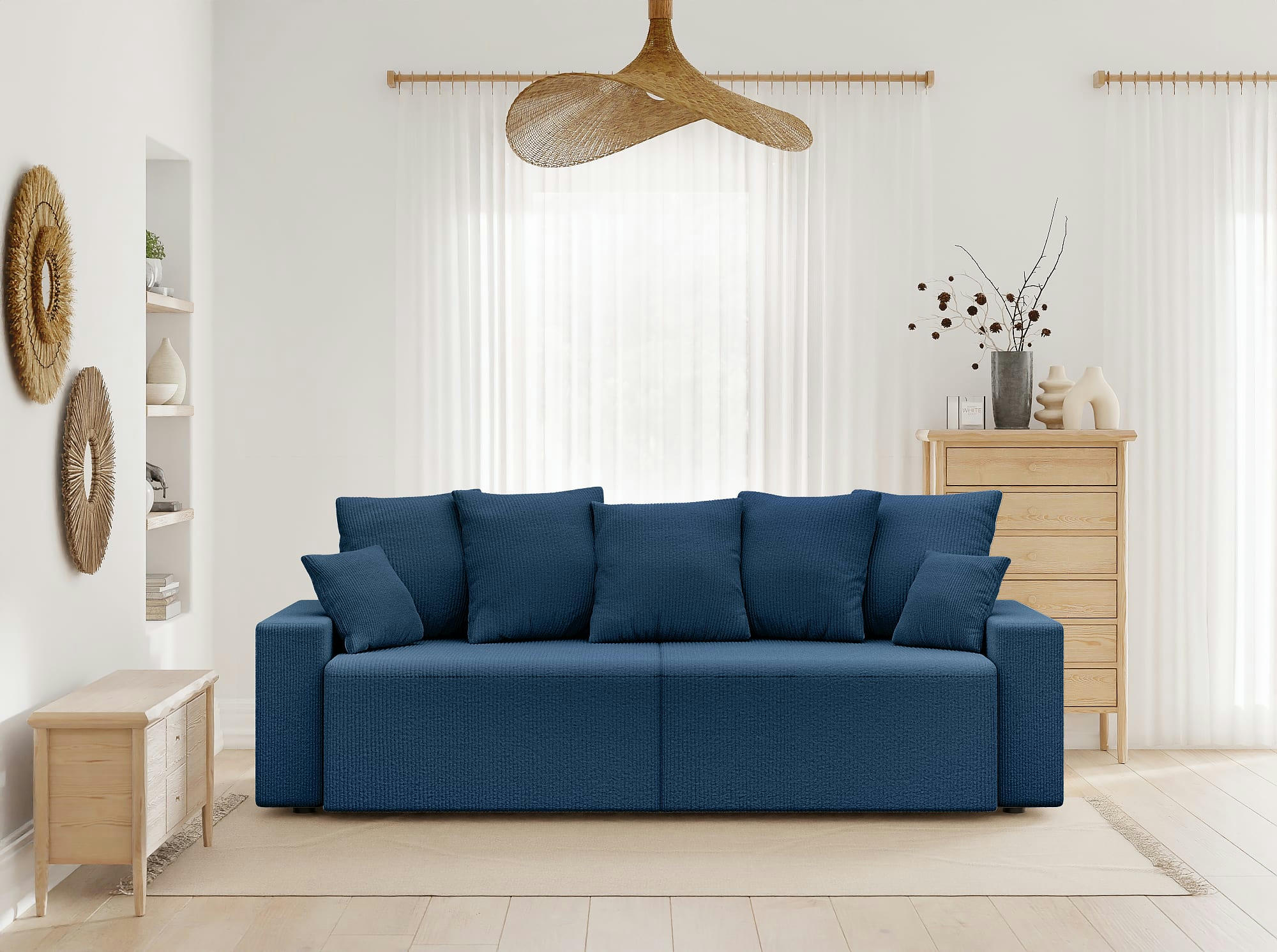 ALMA - Canapé droit convertible en velours côtelé 3 places bleu cobalt