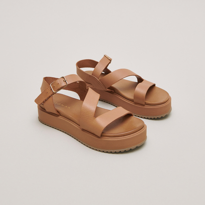 Sandales à plateformes et lanièresen cuir camel | ISAURE