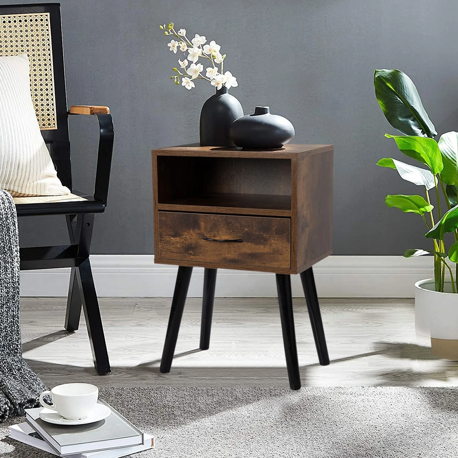 Mid Century Set of 2 Nightstand with Drawer and Shelf, Rustic Brown