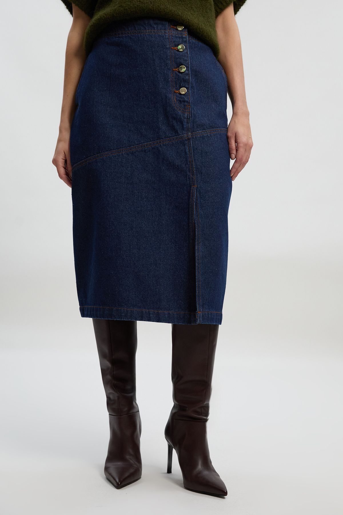 KarenMillen Denim Asymmetric Button Front A line Skirt