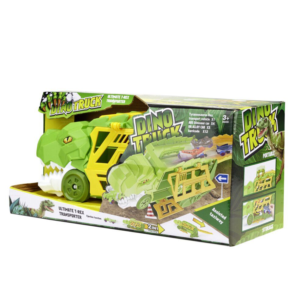 Camion transporteur dinosaure avec 4 véhicules vert 44x29xH19cm