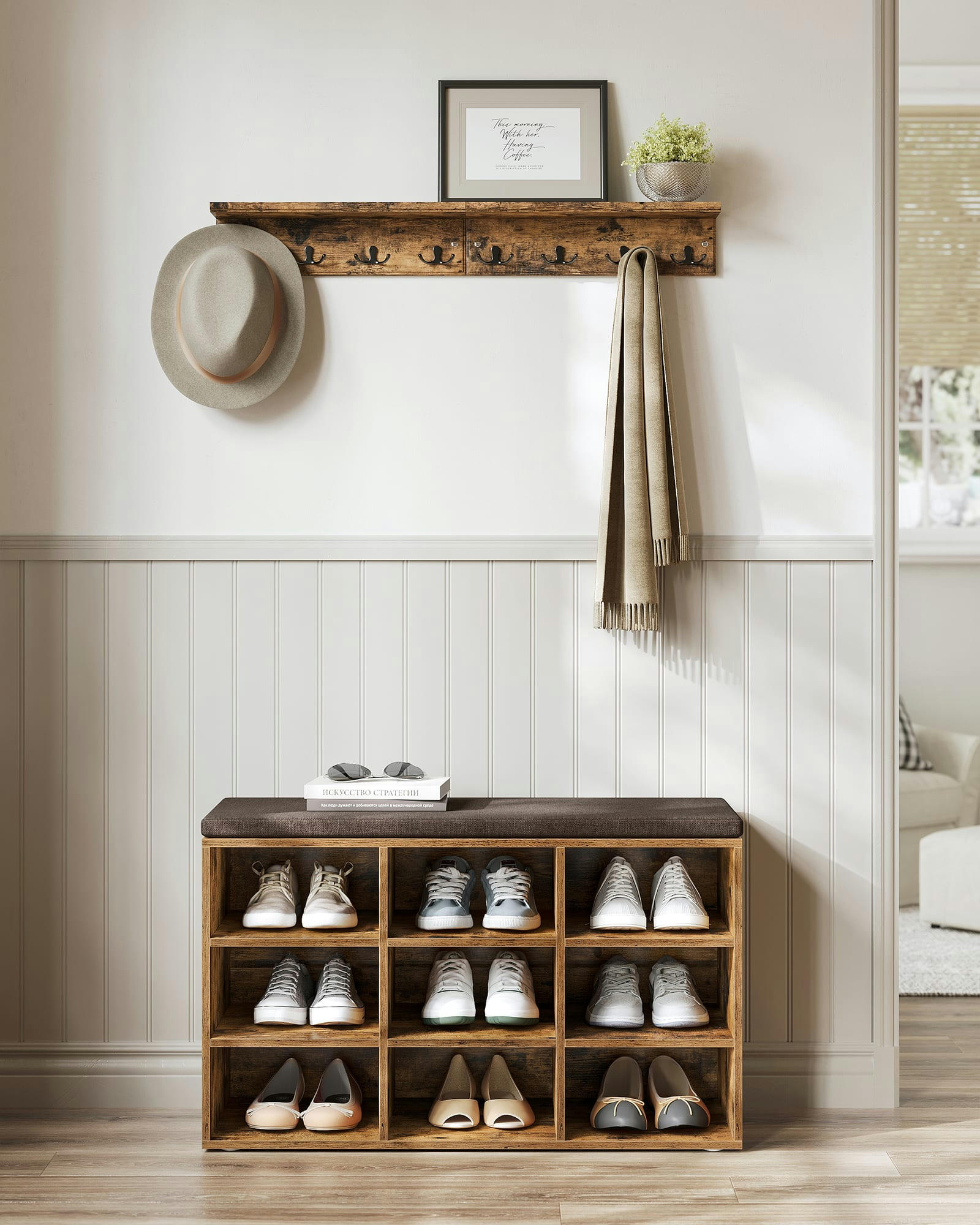 - Banc à chaussures avec coussin et 9 compartiments marron rustique