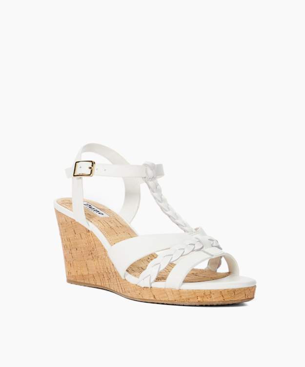 Koali White - Wide Fit Plaited Leather Cork Wedge Sandals