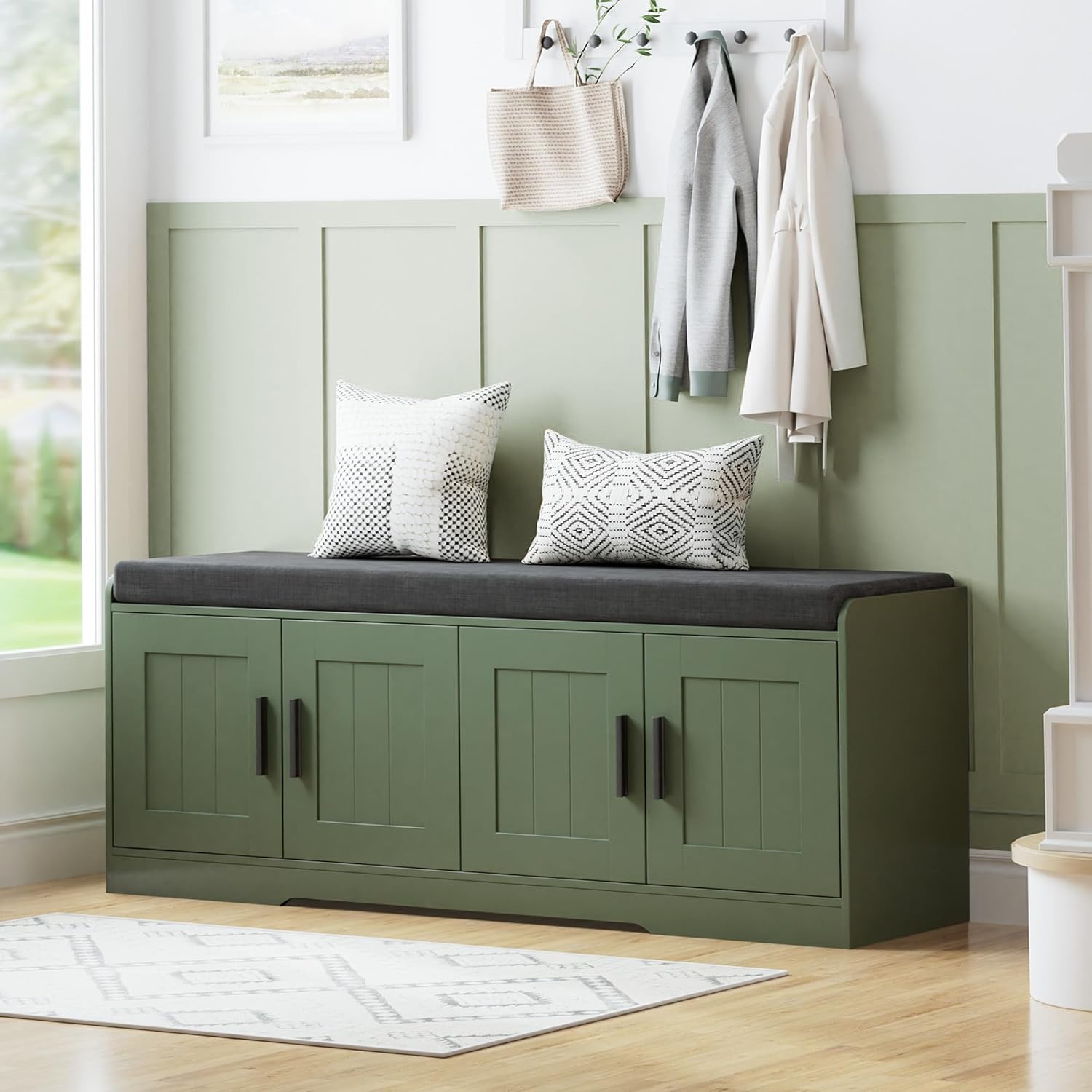 Homleke 2-Tier Storage Bench, Shoe Bench with Thickened Padded Seat Cushion, Entryway Bench with 4 Doors, Adjustable Shelf, 13.8 D x 45.3 W x 18.5 H, for Entryway, Living Room, Bedroom, Green