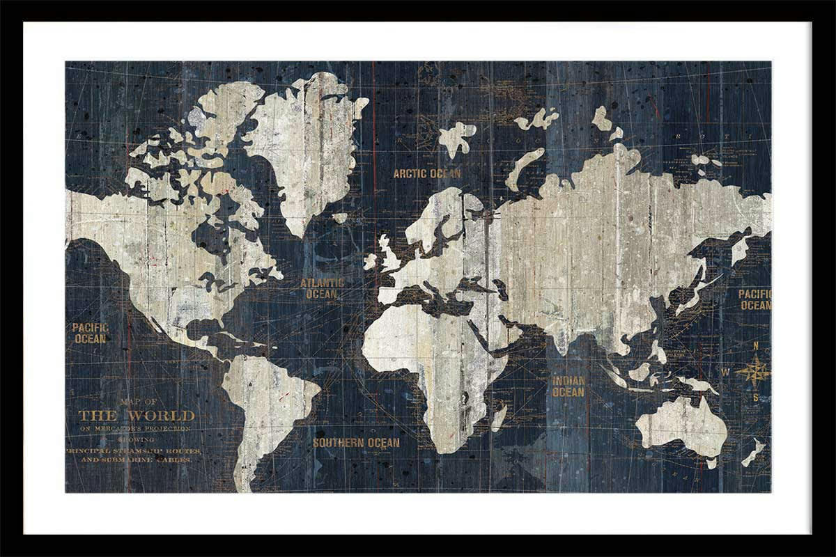 - Affiche carte du monde voies navigables avec cadre noir 60x40cm