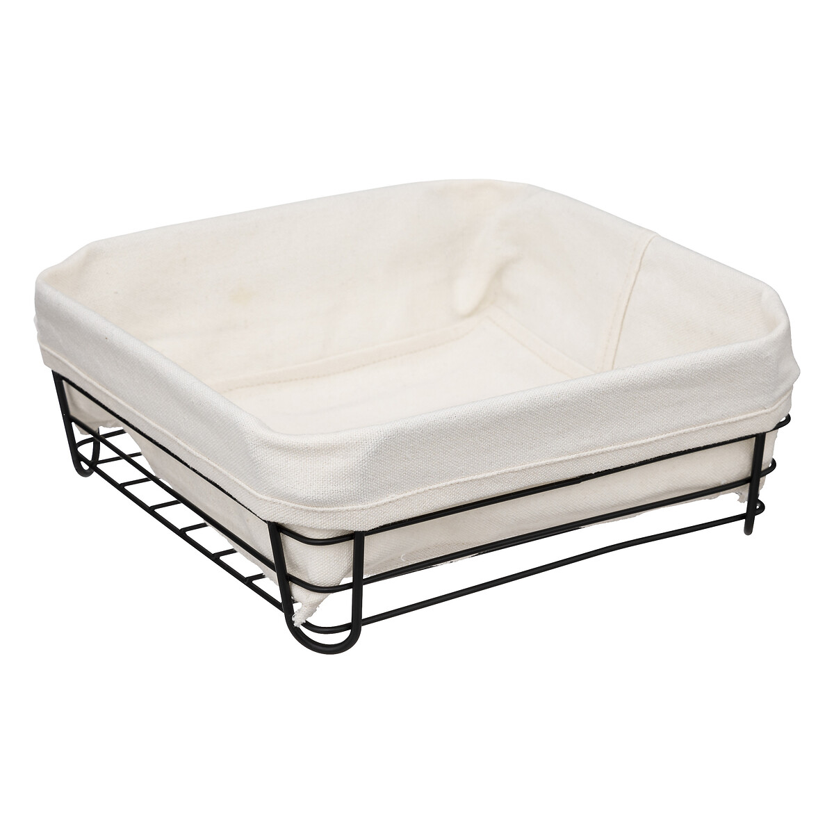 Cesto de pão quadrado em metal com tecido branco