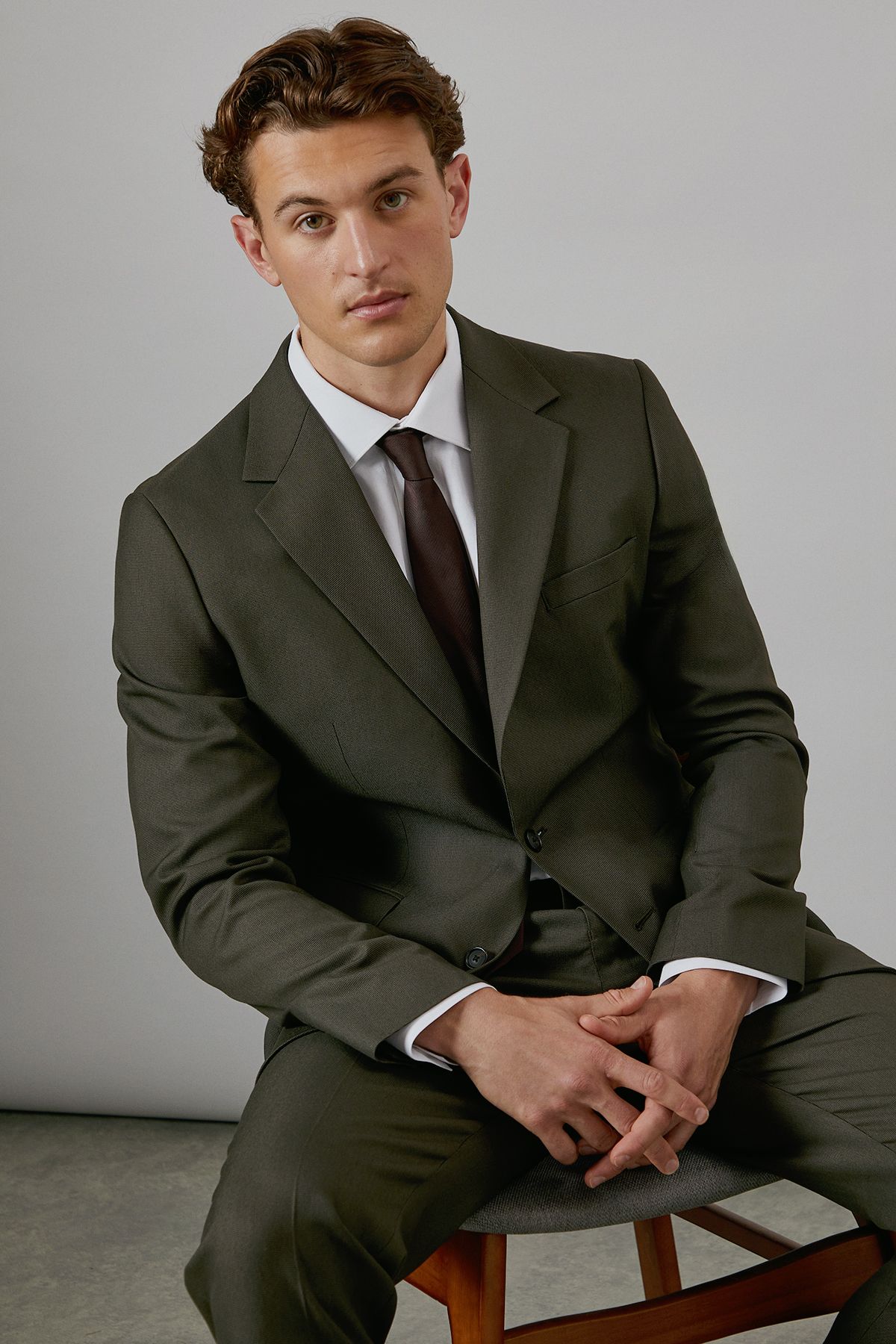 Burton Khaki Textured Stretch Slim Fit Suit Jacket