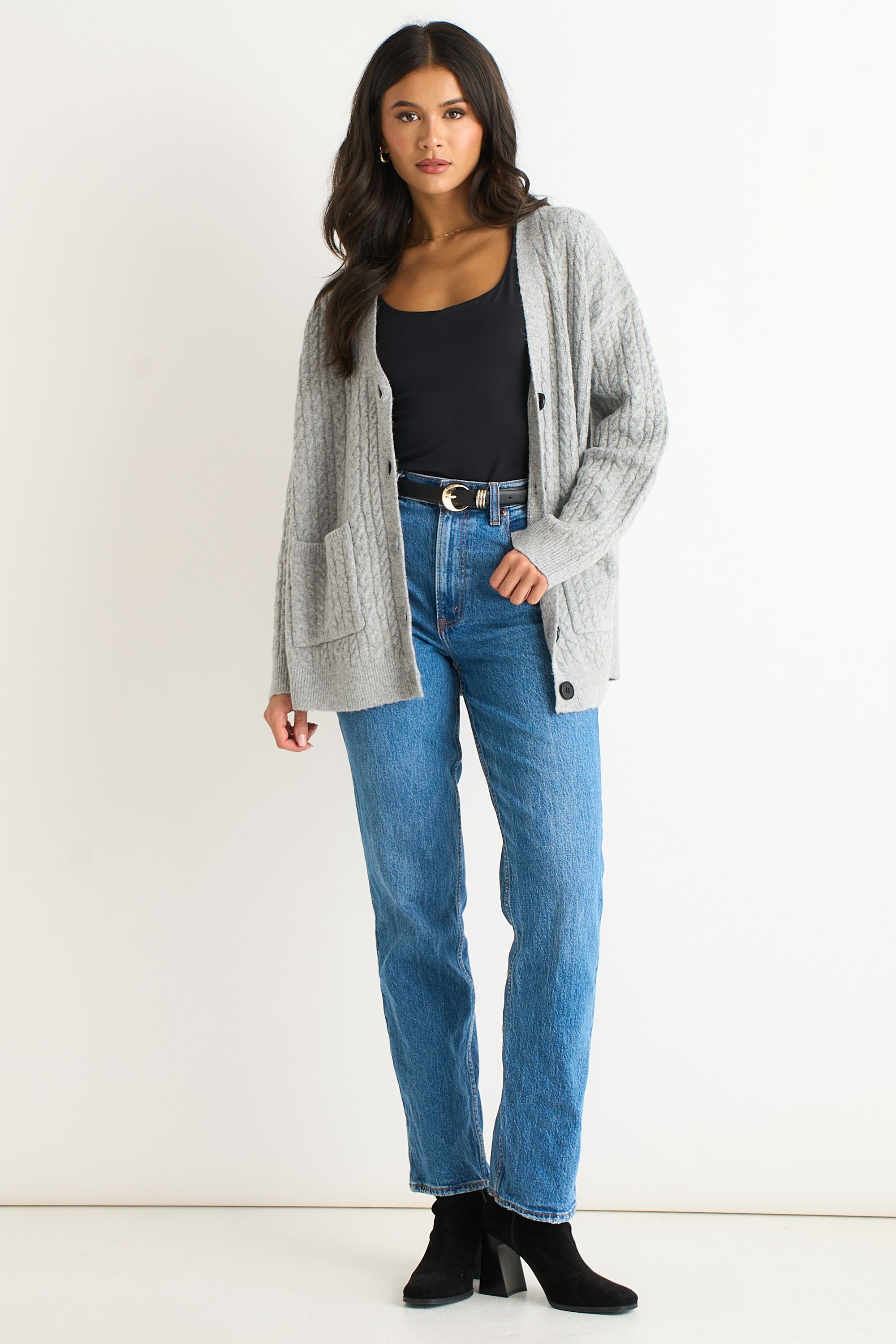 Gini London Grey Cable Patch Pocket Knitted Cardigan