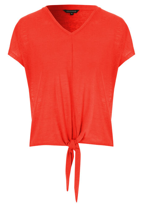 Womens Red Front Knot V-Neck T-Shirt