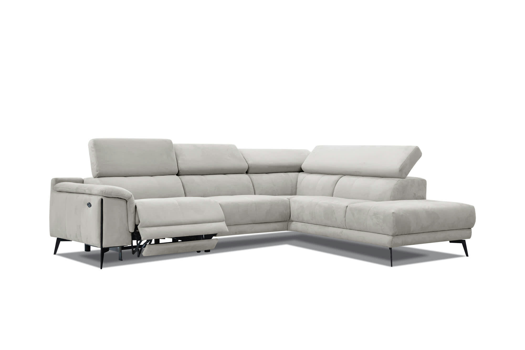 MATERA - Canapé d'angle droit 5 places avec une relax électrique, Tissu Grège