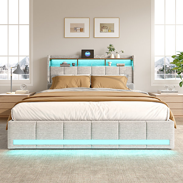 Lit double 160x200 cm lin beige avec LED, 4 tiroirs métal, rangement tête de lit, ports USB/Type-C - Design moderne et fonctionnel