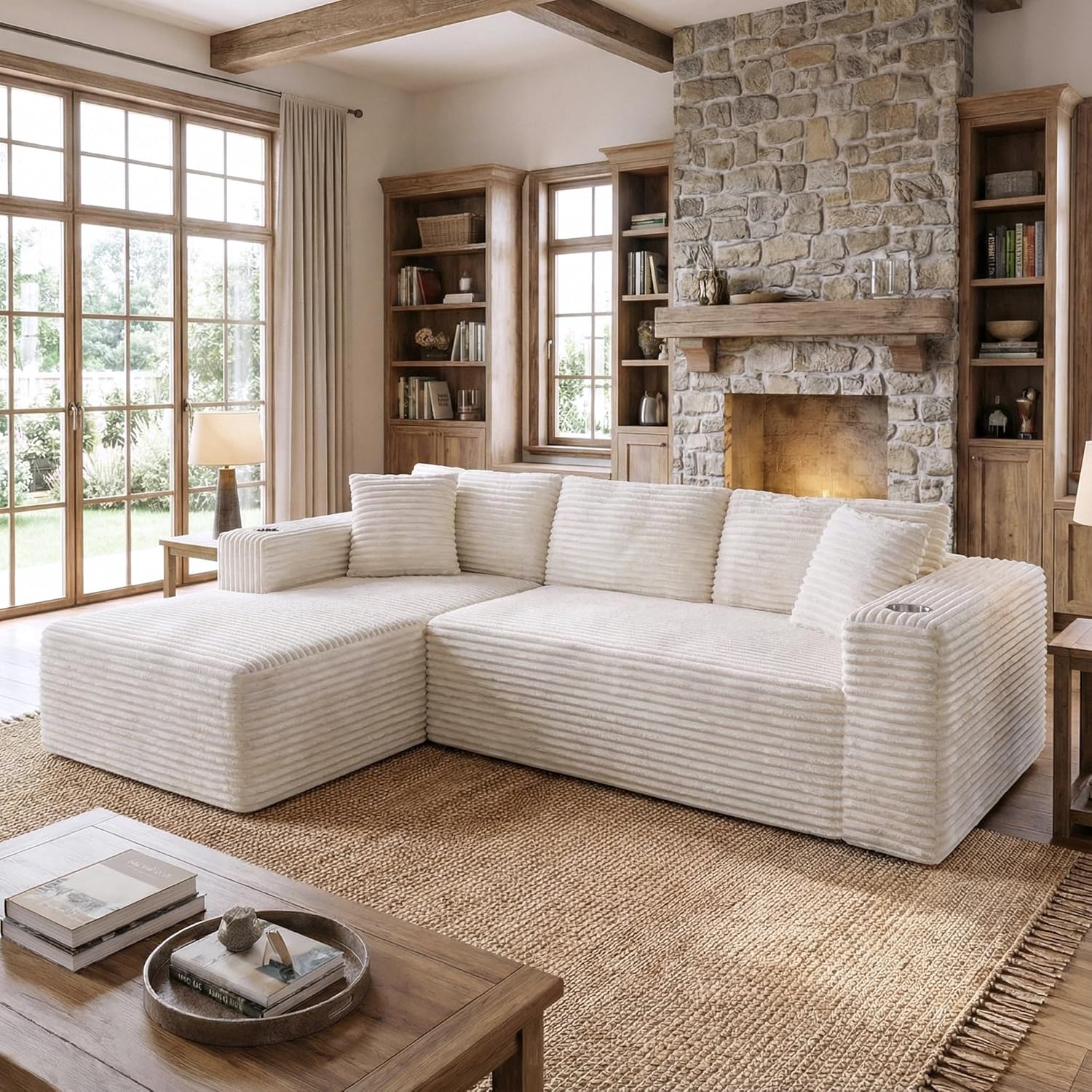 Shintenchi Boneless Couches for Living Room,Modular Sectional Sofa with 2 Cup Holders,Memory Foam Cloud Couch with L Shaped Oversized Chaise,No Assembly Needed Plush Corduroy Sofa