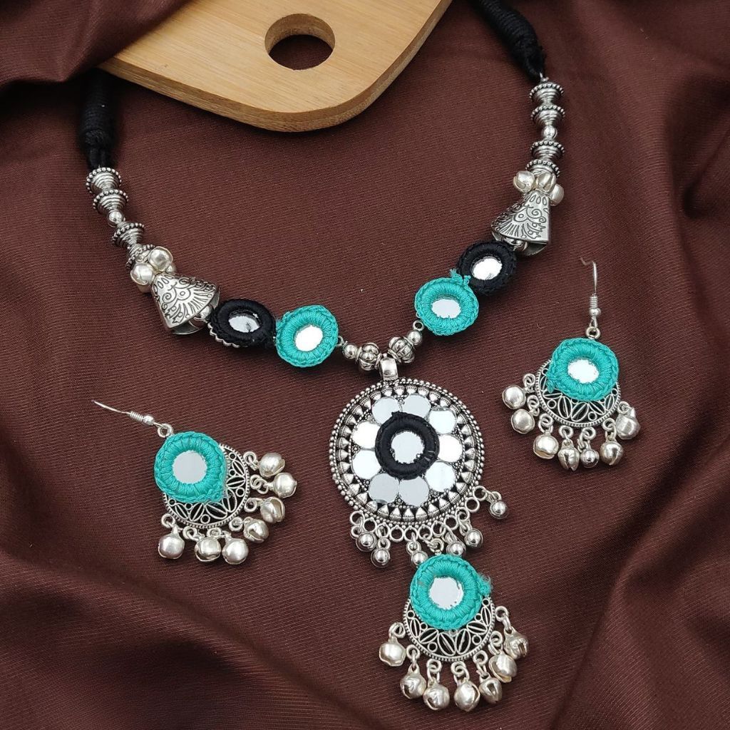 The Colourful Aura Silver Oxidized Mirror Work Necklace Set with Blue Accents