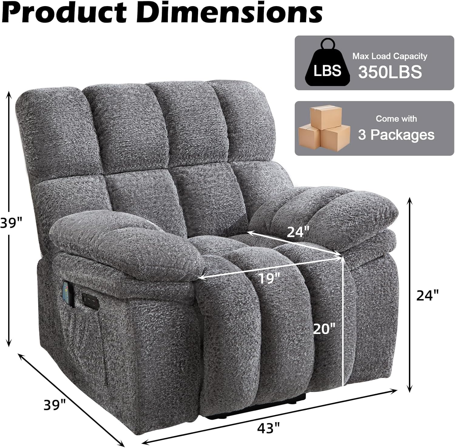CANMOV Overstuffed Power Lift Recliner with Vibration Massage and Lumbar Heating, Large Lift Chair for Elderly, Electric Recliner Chair with Type-C & USB Port, Side Pockets, for Living Room, Grey