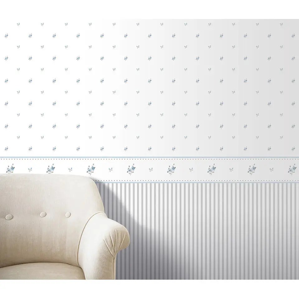 Sanders & Sanders behang bloemetjes vergrijsd blauw en wit - 53 cm x 10 m