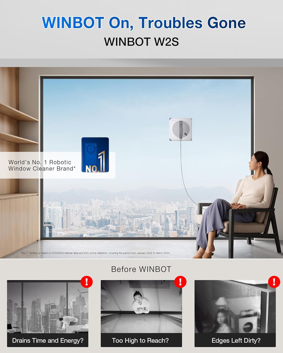 ECOVACS WINBOT W2S Window Cleaning Robot, Intelligent Edge-to-Edge Cleaning with TruEdge Scrubbers, 3 Water Nozzles, 10-Level Safety System, Win-SLAM 4.0 Route Planning, Even Climbing System