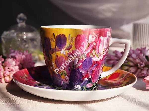 Filiżanka ze spodkiem 0,35 L / 17 cm ręcznie malowana - Kwiaty tęczowe (3) DA.FS35-3