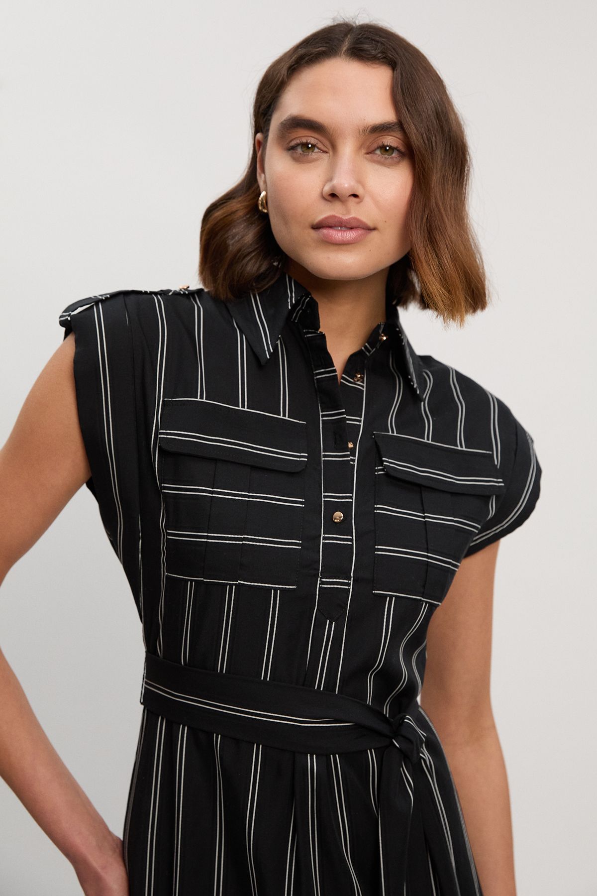 KarenMillen Bold Stripe Cotton Woven Maxi Shirt Dress