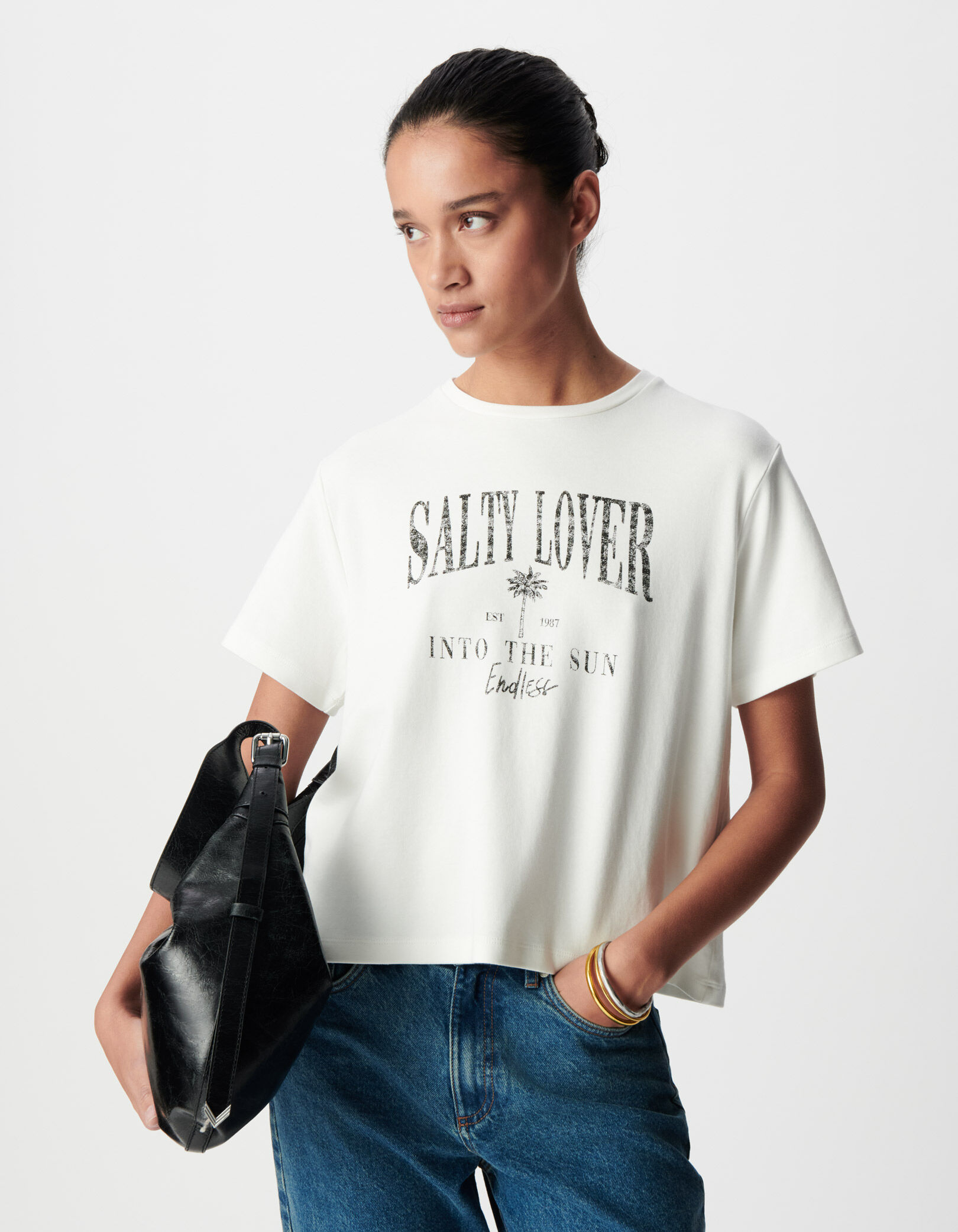 Tee-shirt col rond blanc coton bio message Femme