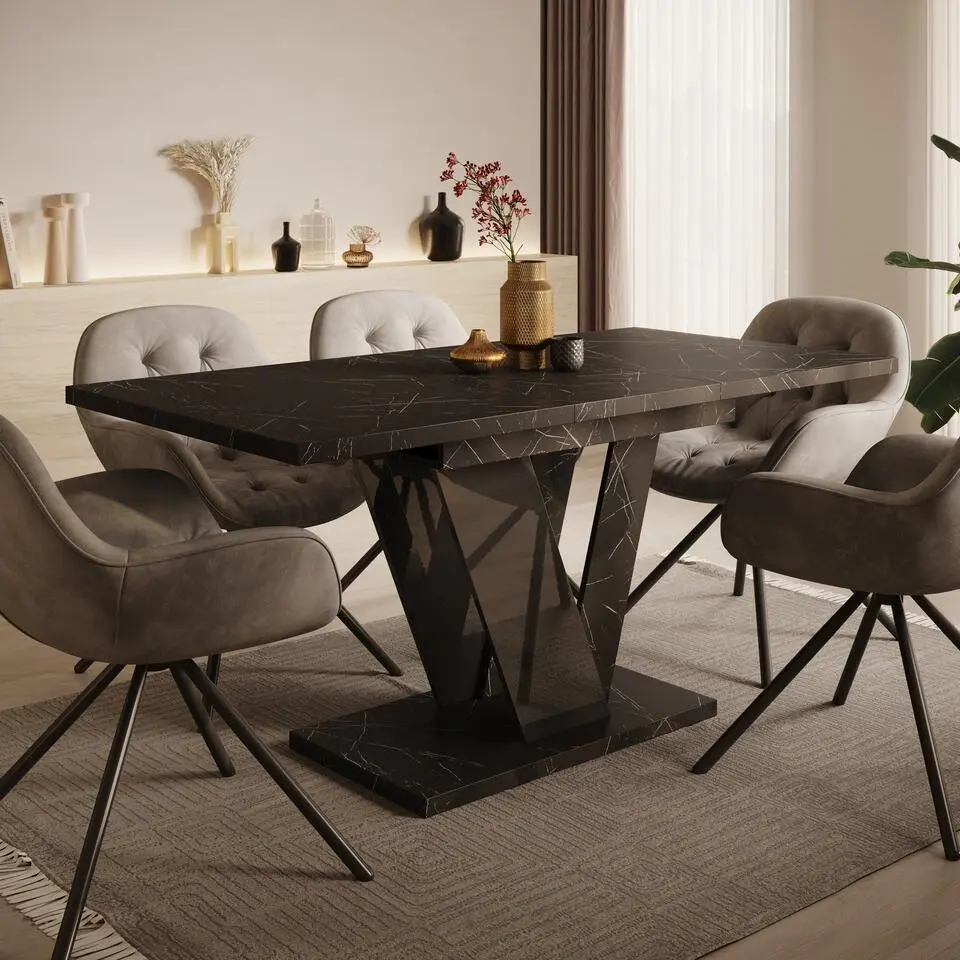 Meubella - Eetkamertafel Dayman - Zwart marmer - 160cm - Uitschuifbaar