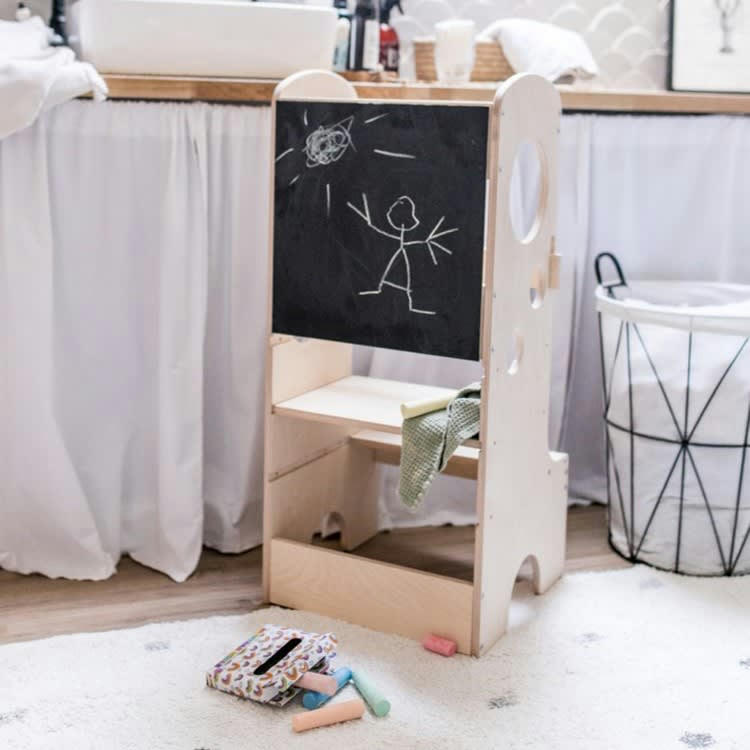 HOLLY ARDOISE - Tour d'observation Montessori enfant effet bois naturel 90x40x44 cm