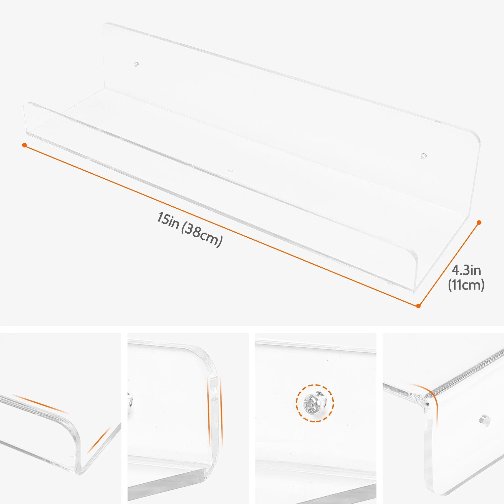 Acrylic Floating Shelves for Wall, Acrylic Shelves for Bathroom Bedroom and Kitchen Room Wall Display Shelf Clear