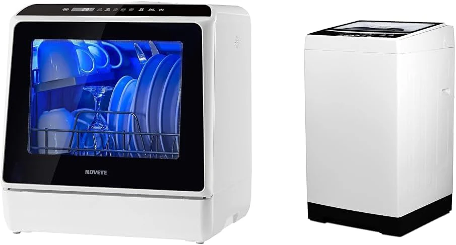 Portable Countertop Dishwashers, Compact Dishwashers with 5 L Built-in Water Tank  Inlet Hose, 5 Washing Programs, Baby Care, Air-Dry Function and LED Light for Small Apartments(Dishwasher+ Washer)