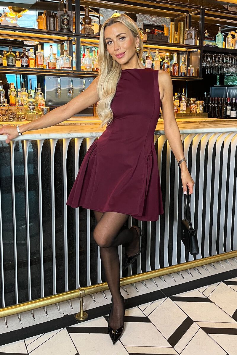 AX Paris Plum Round Neck Pleated Hip Mini Dress