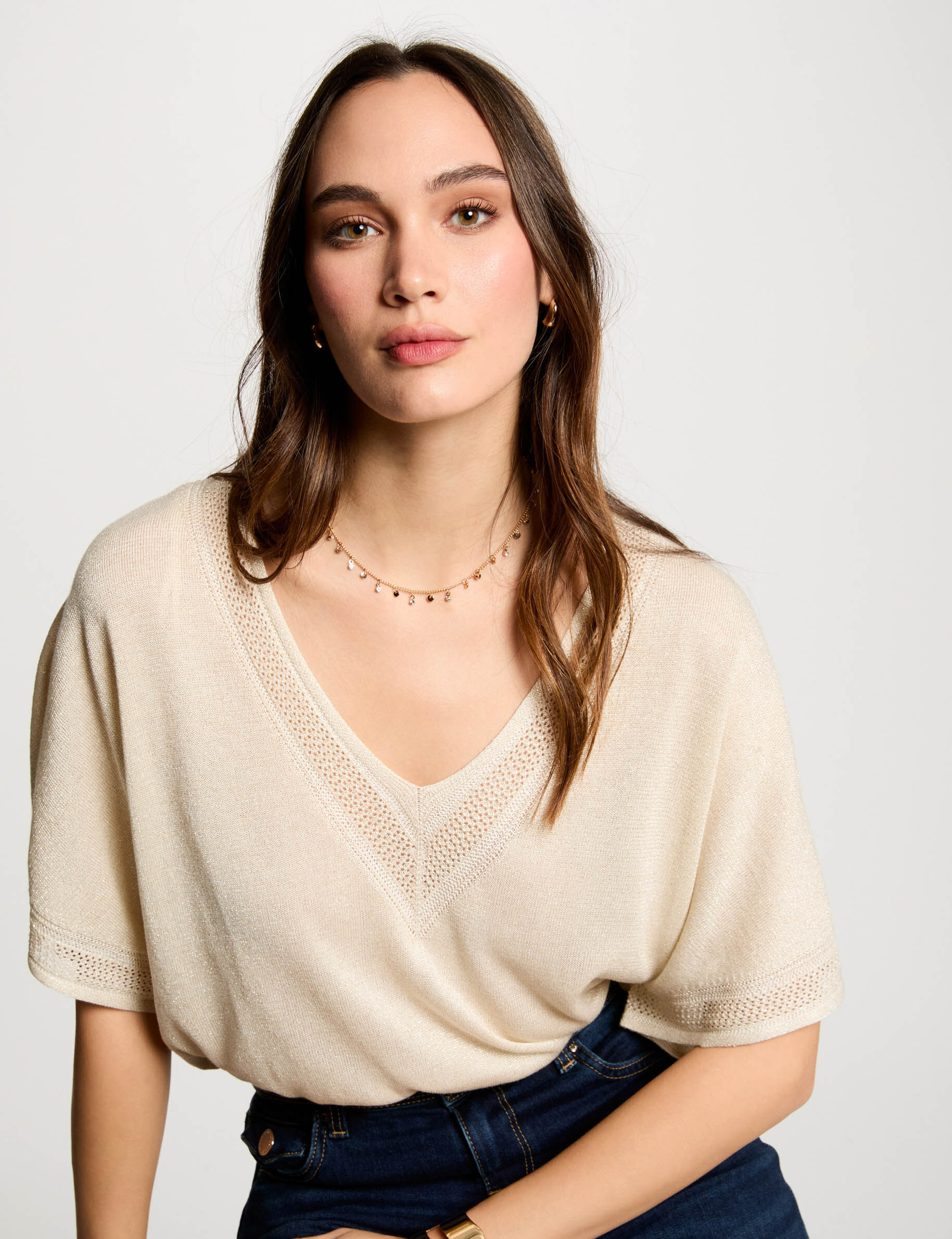 Jumper V-Neck Short Sleeves Ivory Women