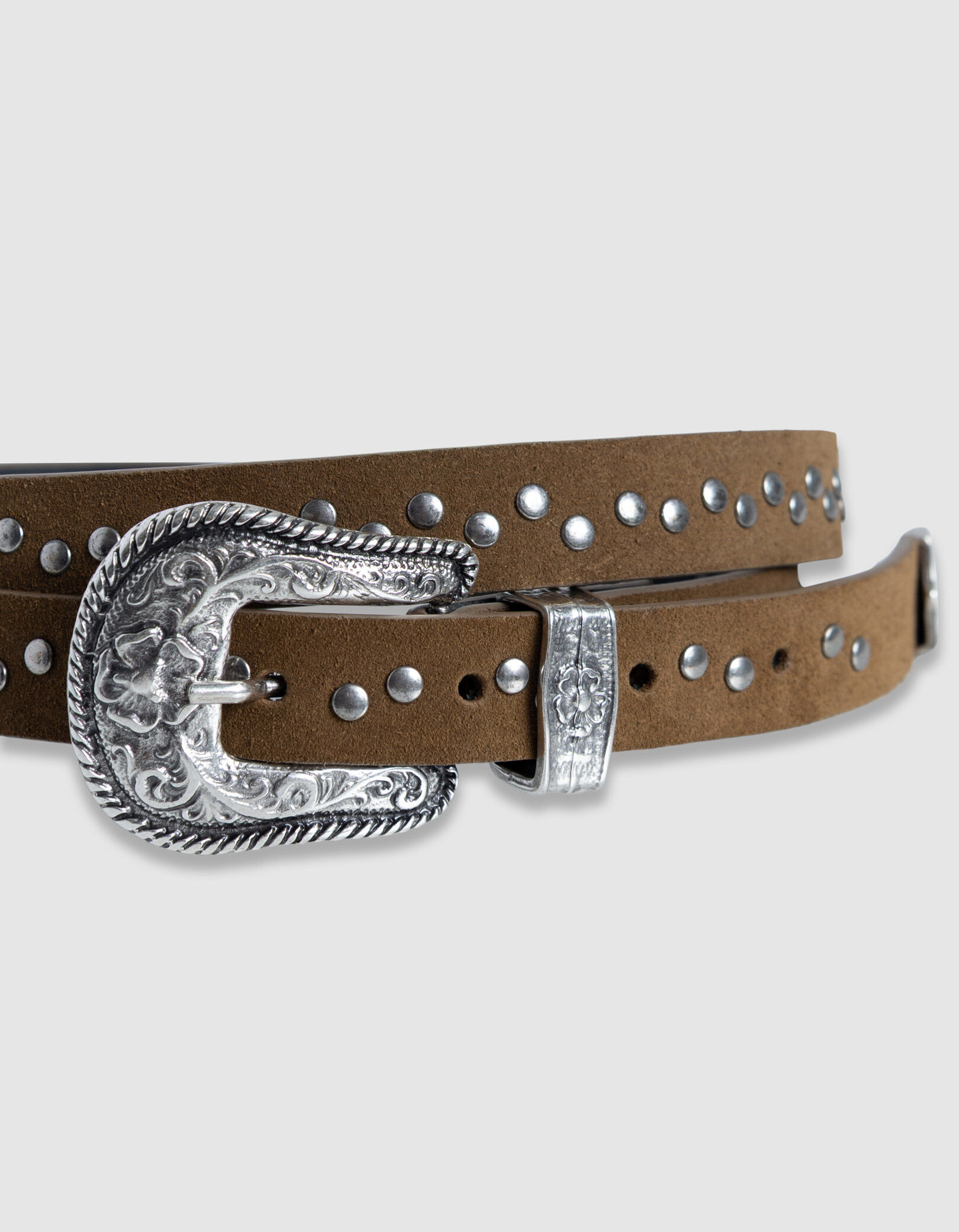 Ceinture camel cuir velours clouté boucle western Femme