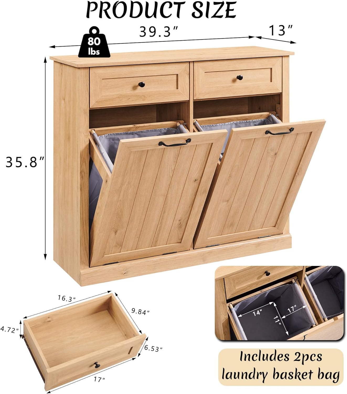 IFBUY Double Tilt Out Laundry Hamper Cabinet, 20 Gallon Farmhouse Trash Can Cabinet with Drawer, Hidden Wood Garbage Can Bin Cabinets with Laundry Storage Basket for Bathroom, Kitchen (Natural)