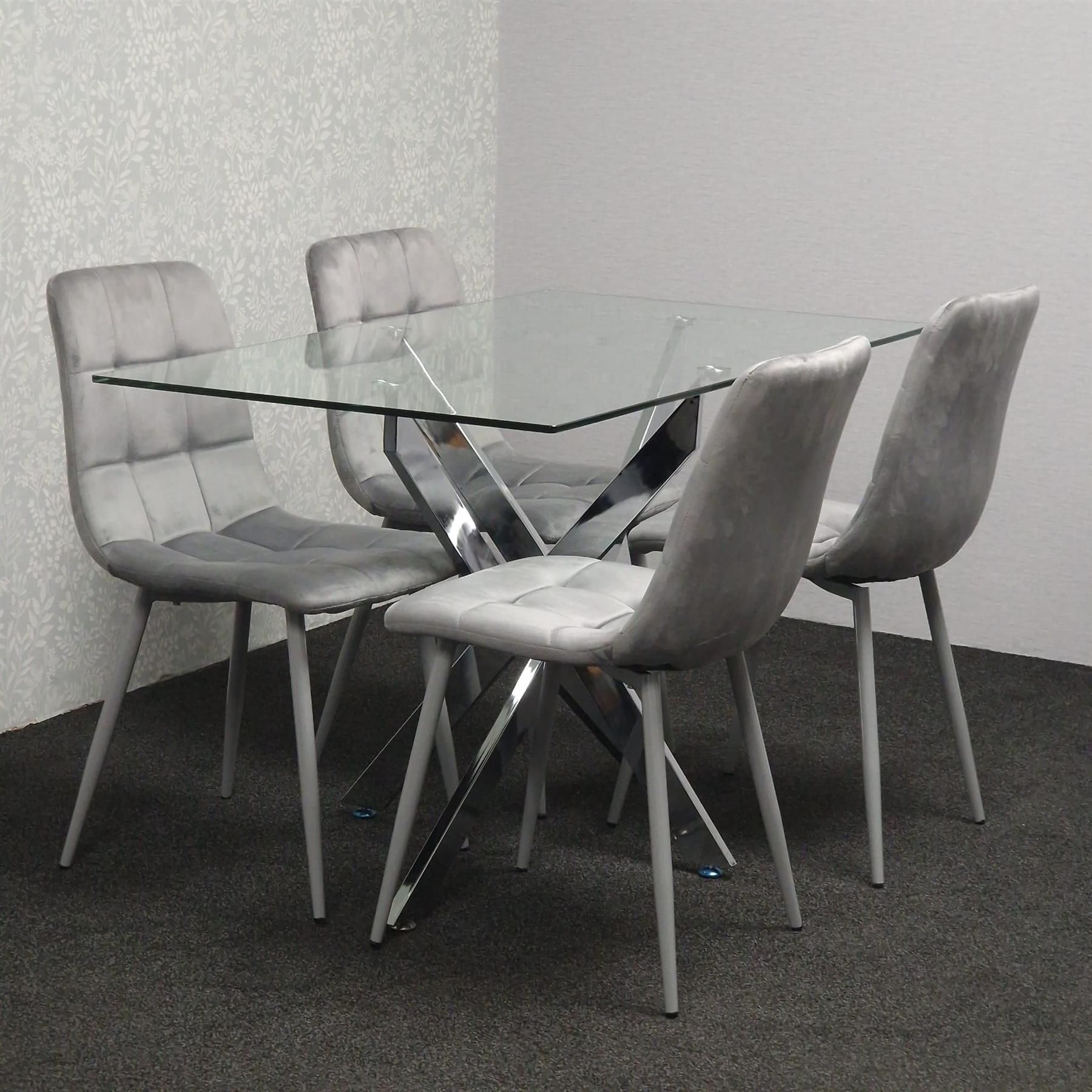 KOSY KOALA Modern Rectangle Glass Dining Table Set With 4 Grey Velvet Chairs Dining Room Furniture