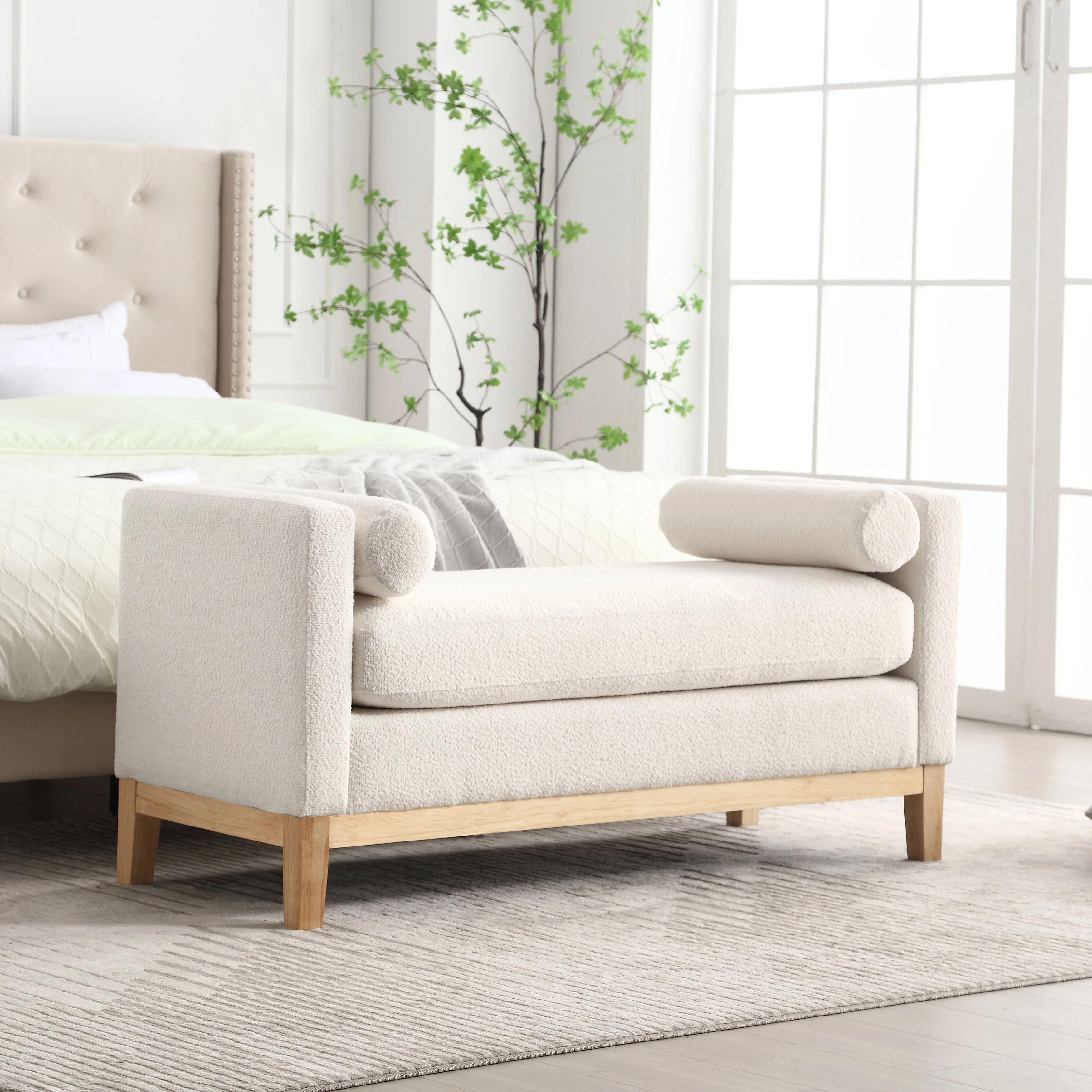 Modern Boucle Upholstered Bedroom Bench With Wood Legs,Entryway Bench