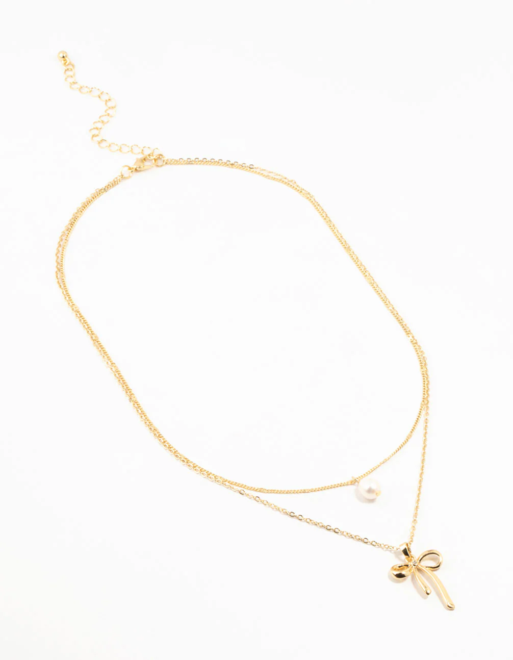 Gold Plated Brass Bow & Pearl Layered Necklace