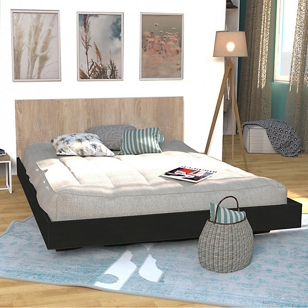 Lit LOFT 160x200   1 sommier   tête de lit / Décor Noir &chêne blanchi
